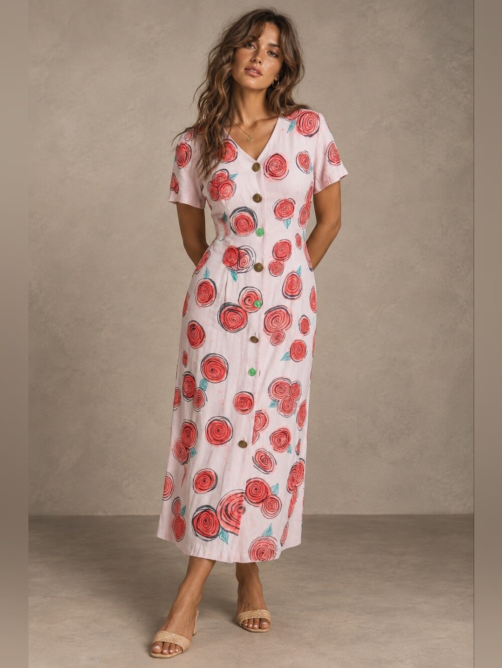 Vintage Hearts Rose Print Midi Dress Size 7/8 | Hand Painted Floral Button Front